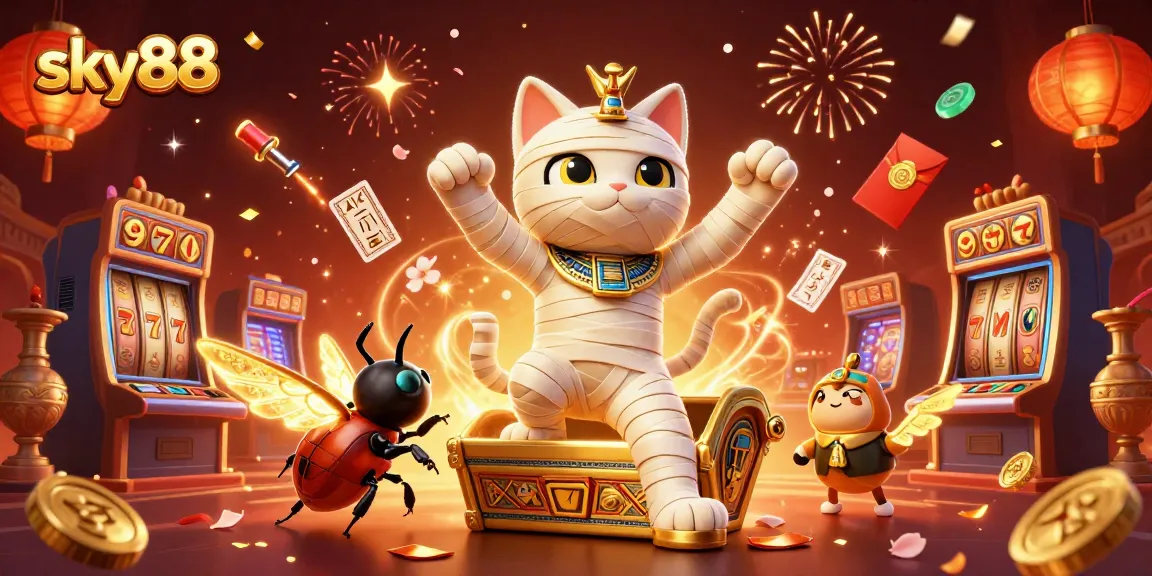 Engage with thrilling casino action at sky88 featuring a mummy cat and gold elements.
