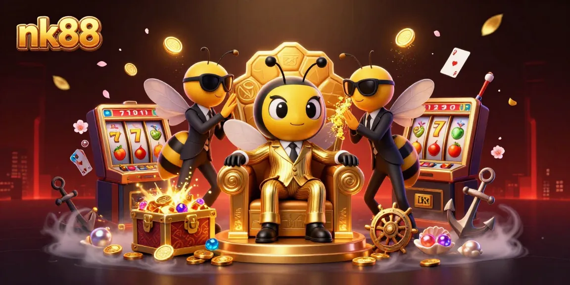 Engage in thrilling gameplay with nk88 as the bumblebee boss navigates a vibrant casino scene filled with slot machines and treasures.