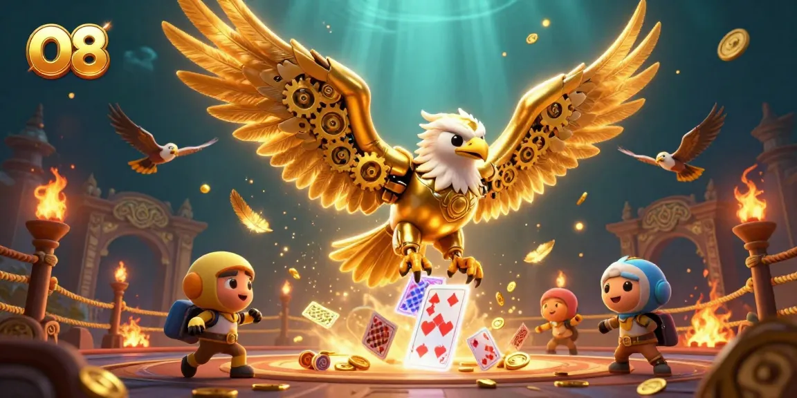 Experience thrilling gaming at O8 with a vibrant casino scene featuring a golden eagle amidst holographic cards.