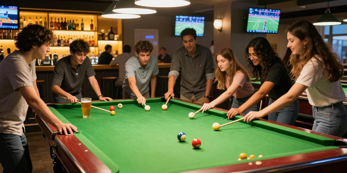 Billiards Mississauga scene with friends enjoying pool games and craft beers in a lively sports bar.