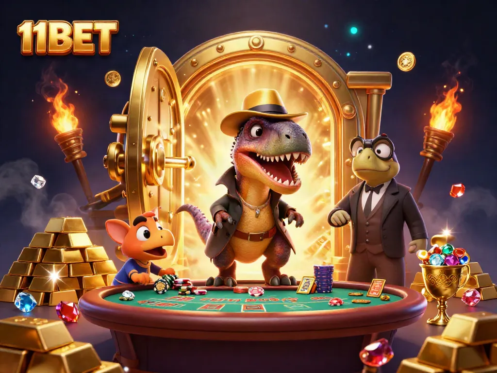 Experience the thrill of 11BET with a lively scene featuring animated characters at a blackjack table.
