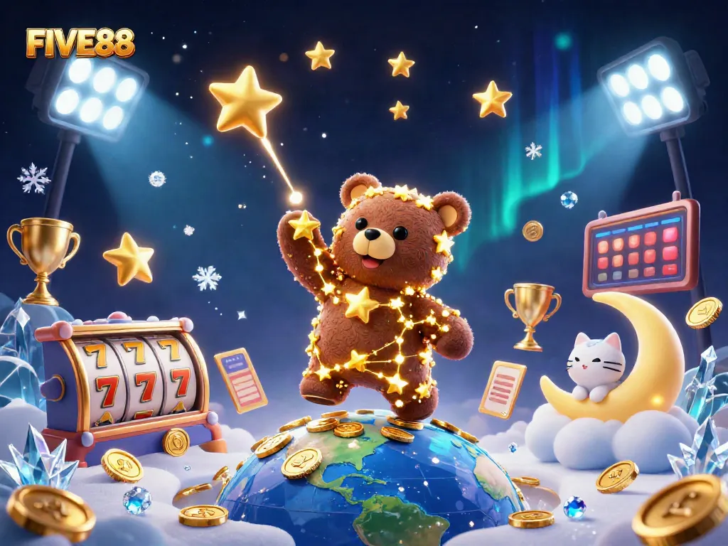 Experience gaming excitement with FIVE88's vibrant casino scene featuring a constellation bear and slot elements.