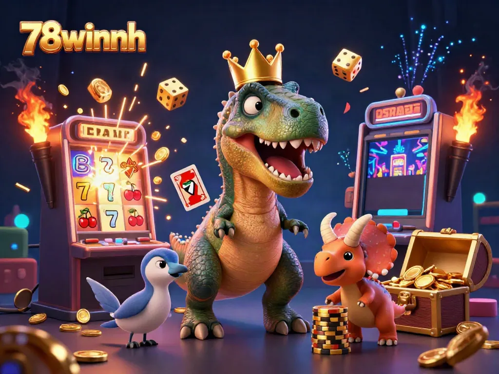 Engaging scene at 78winnh with a T-Rex, pterodactyl, and triceratops, surrounded by dynamic casino elements.