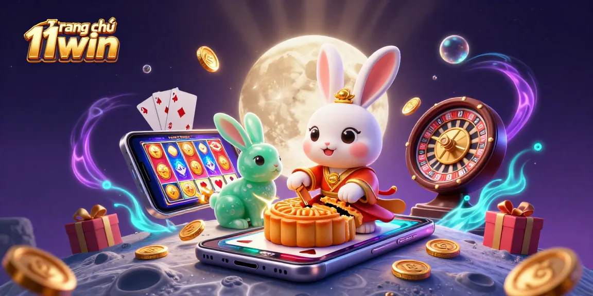 Experience Trang chủ 11win with the captivating moon rabbit and vibrant casino elements in this dynamic illustration.