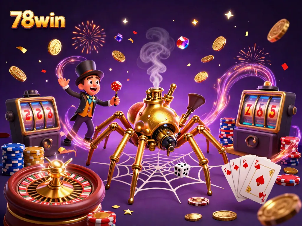 Experience the thrill of 78win with steampunk elements, golden coins, and casino games in this dynamic digital art.