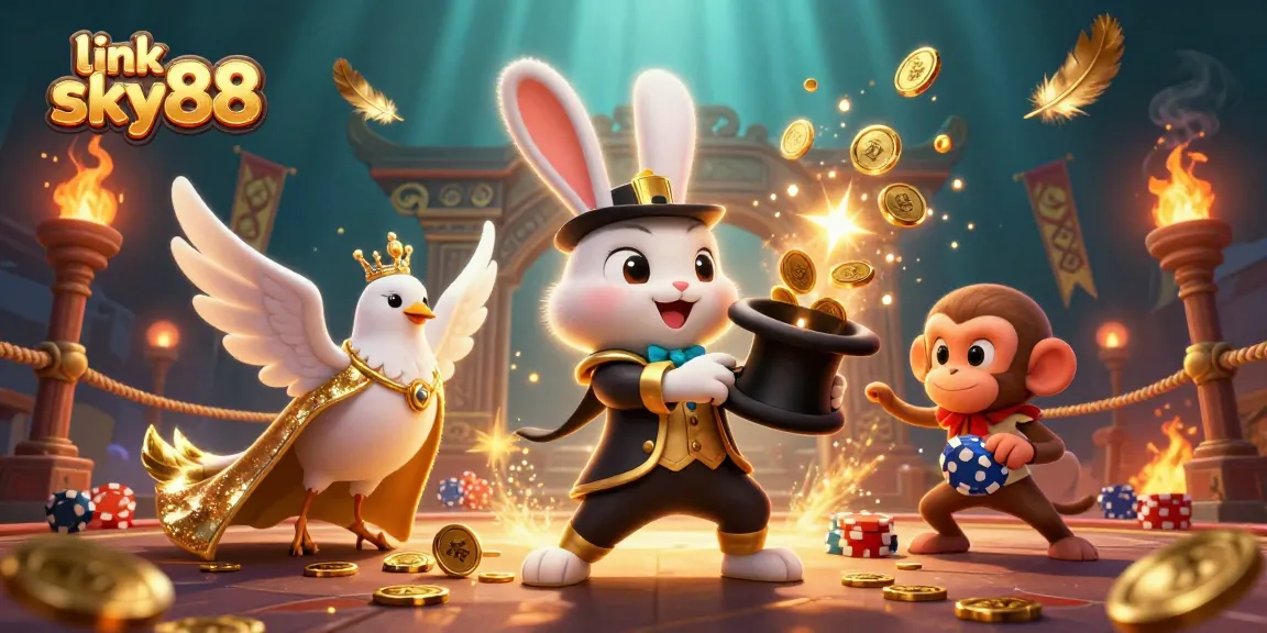 Join the excitement at link sky88 with a magician rabbit, dove, and monkey in a vibrant casino scene.