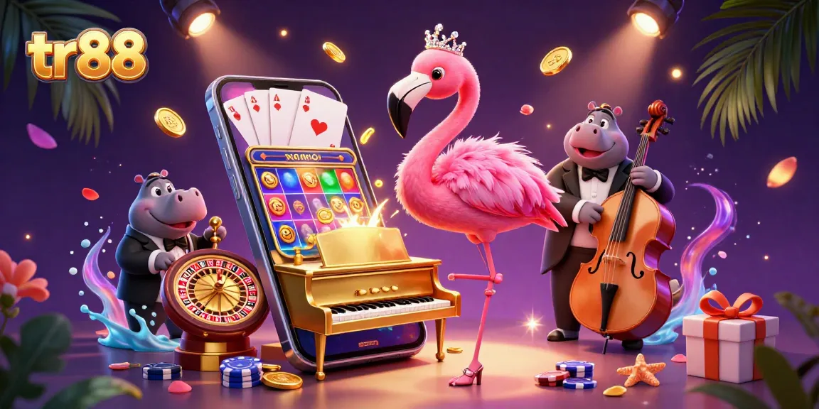 Experience tr88's exciting atmosphere with a vibrant gambling scene featuring a flamingo singer and dynamic game elements.