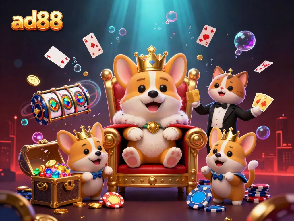 Experience thrilling gaming with ad88's royal corgi and glamorous casino elements in a whimsical underwater scene.