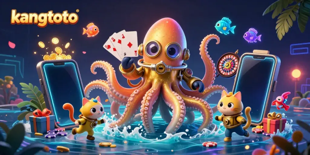 Permainan menarik di kangtoto dengan kraken, kucing menyelam, dan elemen kasino yang cerah.