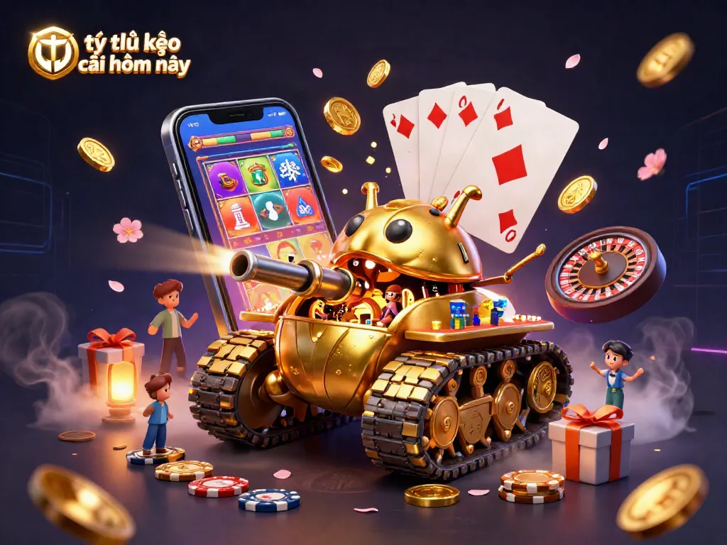 Bet on tỷ lệ kèo nhà cái hôm nay with a vibrant 3D casino scene featuring quirky game elements.
