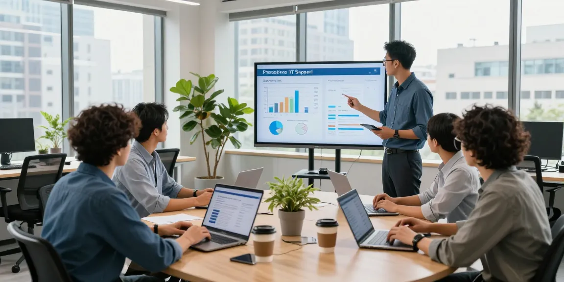 IT support business professionals collaborating in a modern office environment