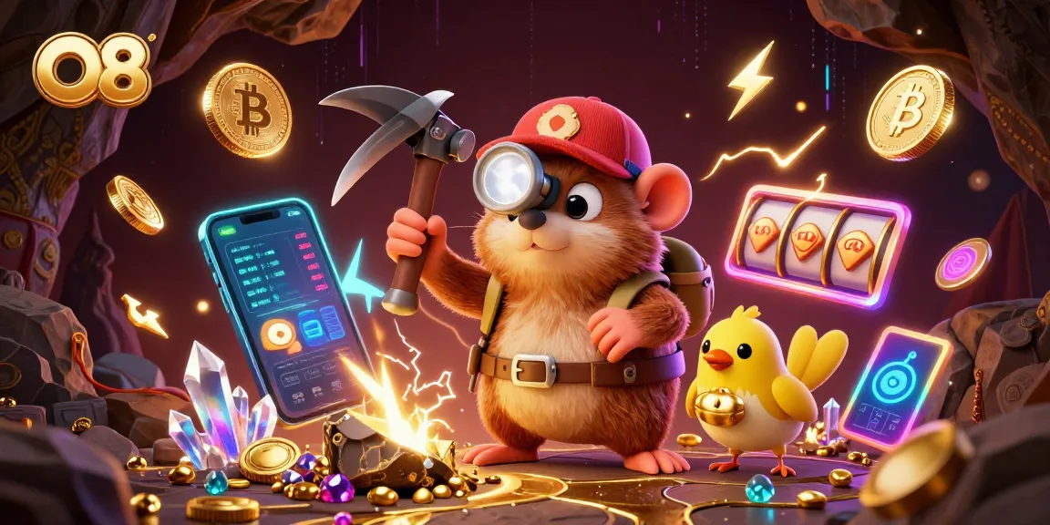 Join O8 in an exciting treasure hunt through a glowing cave filled with gems and crypto coins.