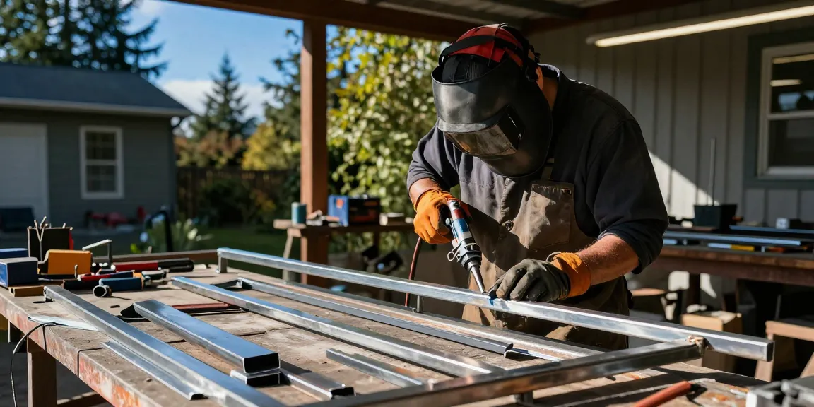 Custom metalwork north vancouver artisan fabricating durable railings in outdoor workshop.