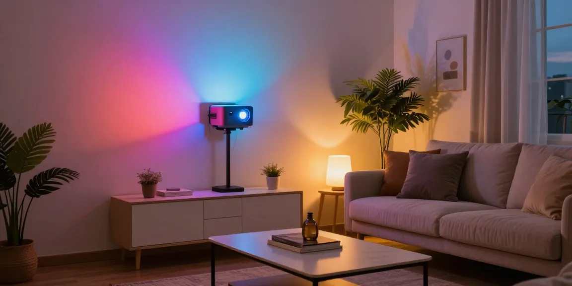 Proiector LED modern iluminând un living elegant cu atmosfera caldă