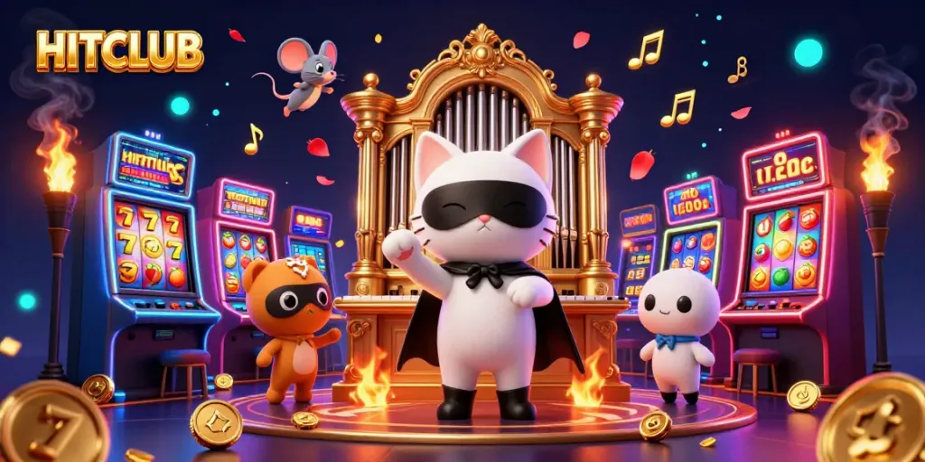 Engage with HITCLUB's thrilling slot experience featuring a whimsical phantom cat and dynamic gambling elements.