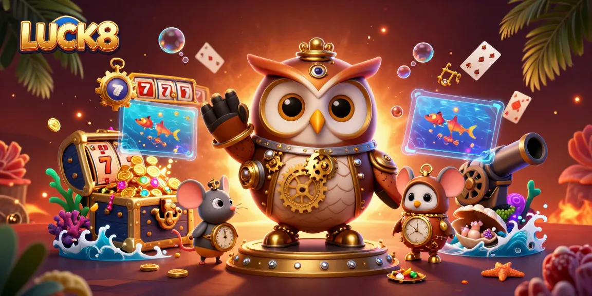Engage with LUCK8 in this vibrant casino scene featuring a time-traveler owl and slot reels.