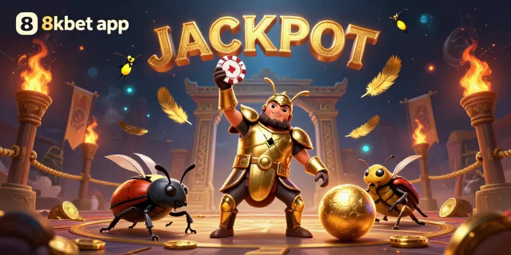 Engage with the exciting 8xbet app as a herculean beetle wins the jackpot in this vibrant scene