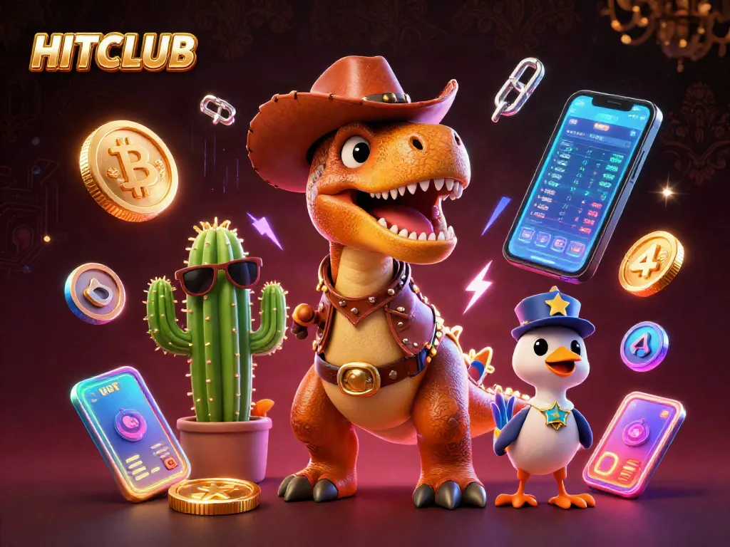 Engage with HITCLUB's casino thrills while enjoying dynamic 3D dinosaur characters and crypto elements.