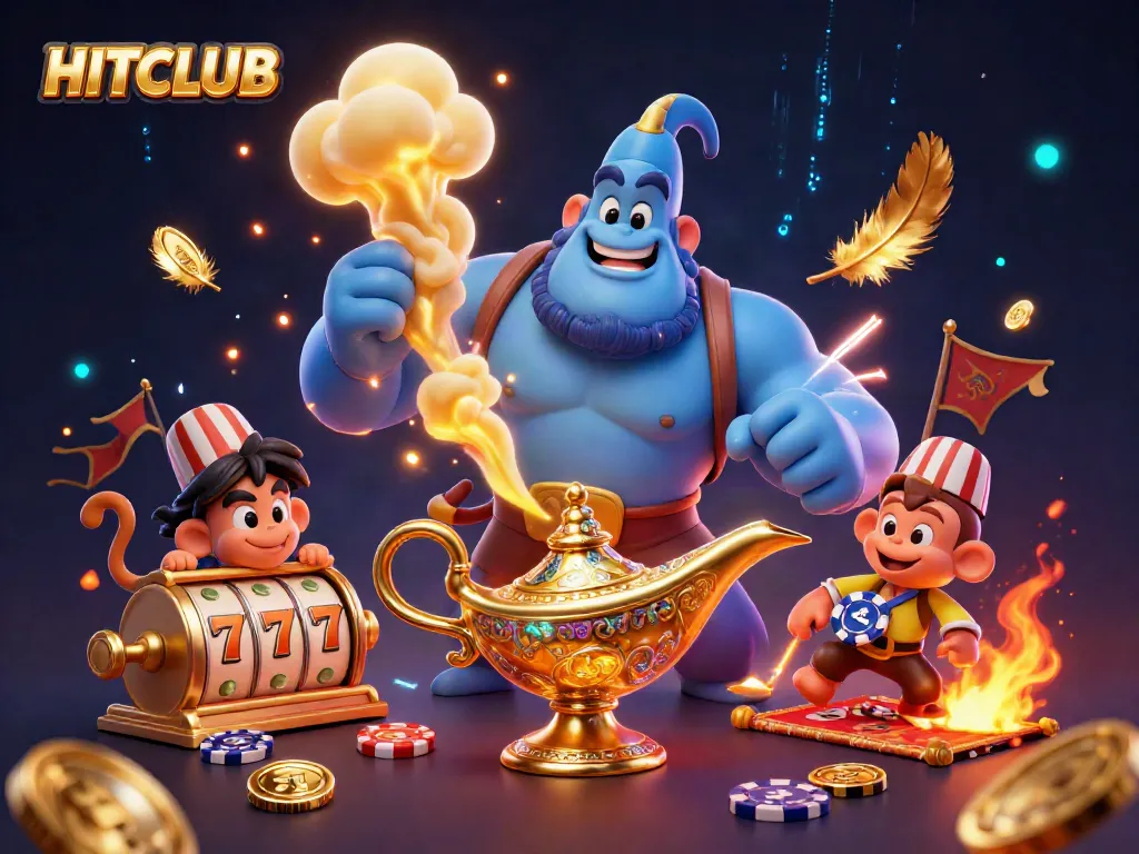 Experience thrilling luck at HITCLUB with a vibrant casino-themed genie and treasures!