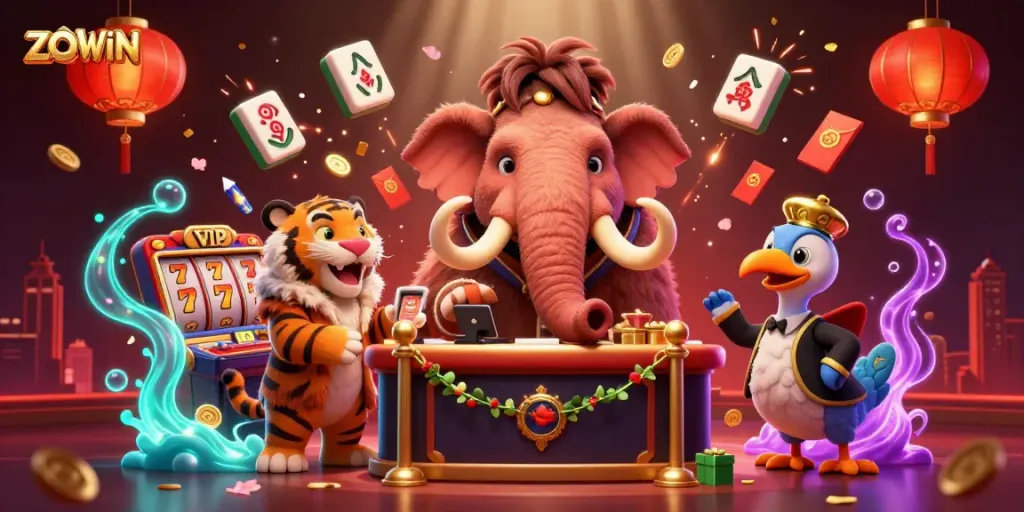 ZOWIN invites players to experience vibrant slot games in a lively, cartoonish casino environment.