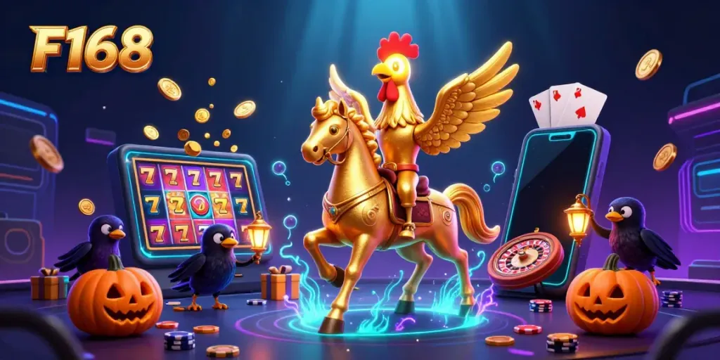 Experience the thrilling world of F168 with golden rooster avatars in a vibrant casino scene.