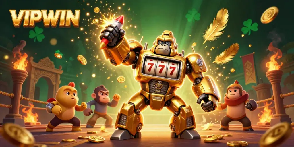 Experience thrilling gameplay at VIPWIN with the dynamic gorilla mech and vibrant casino elements.