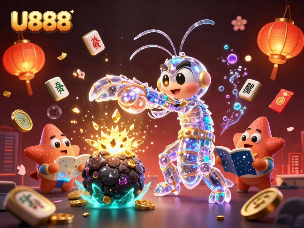 Engage with U888's thrilling adventure featuring a galactic mantis shrimp amidst cascading treasures and colorful symbols.