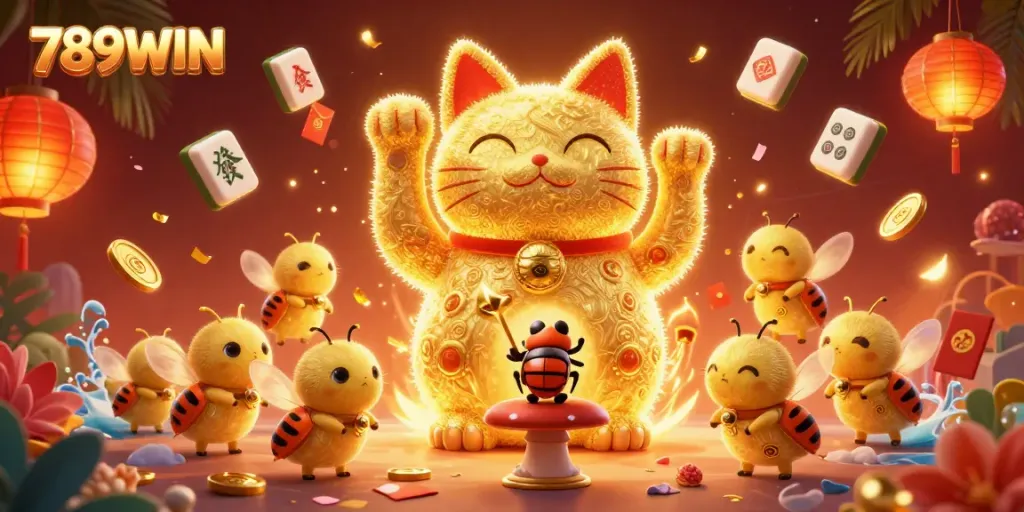 Experience the vibrant world of 789WIN with a lively lucky cat made of golden fireflies, surrounded by casino symbols.