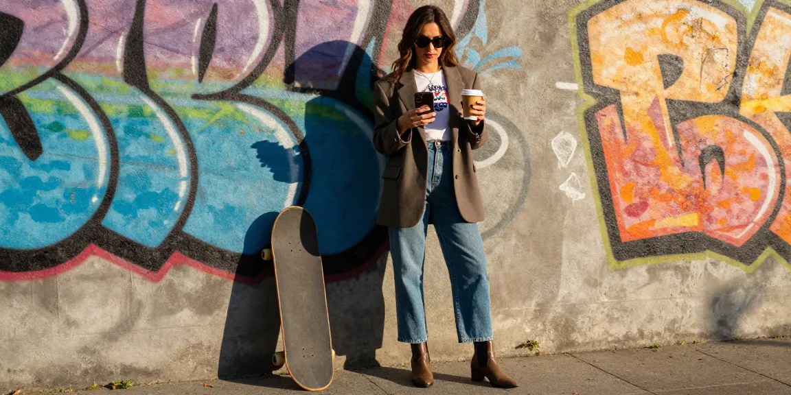 Chic women's fashion in an urban setting with a stylish woman in a fashionable outfit against vibrant graffiti.
