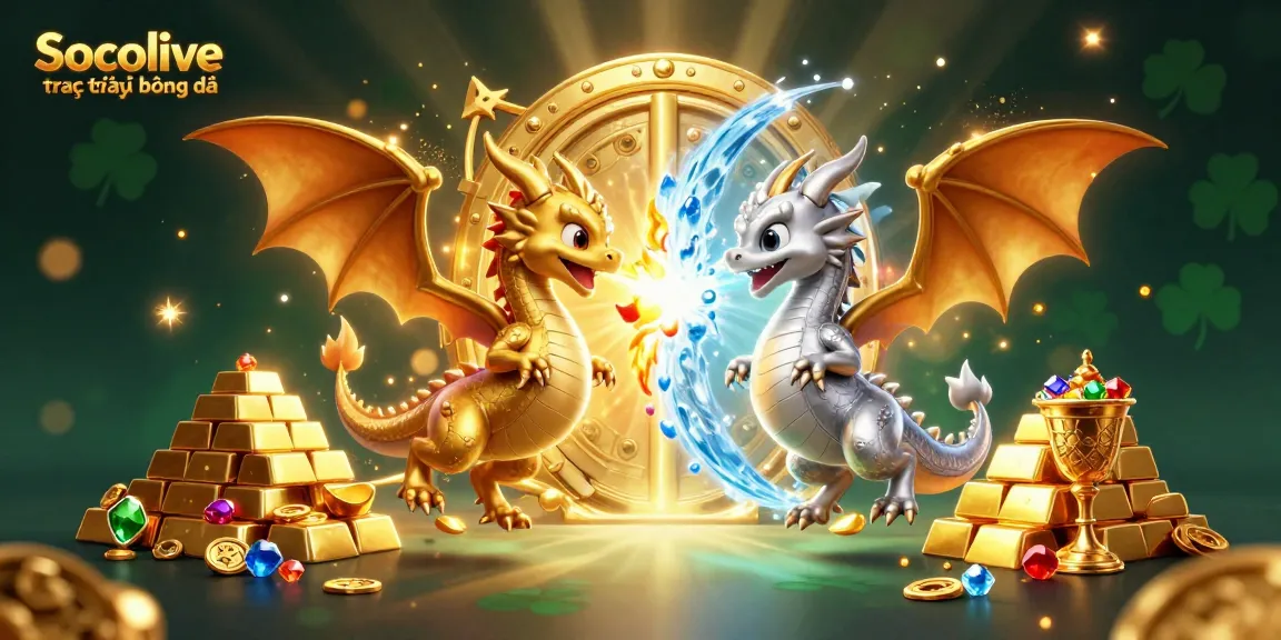 Socolive trực tiếp bóng đá showcasing an epic duel between golden and silver dragons surrounded by treasure, enhancing the viewing excitement.