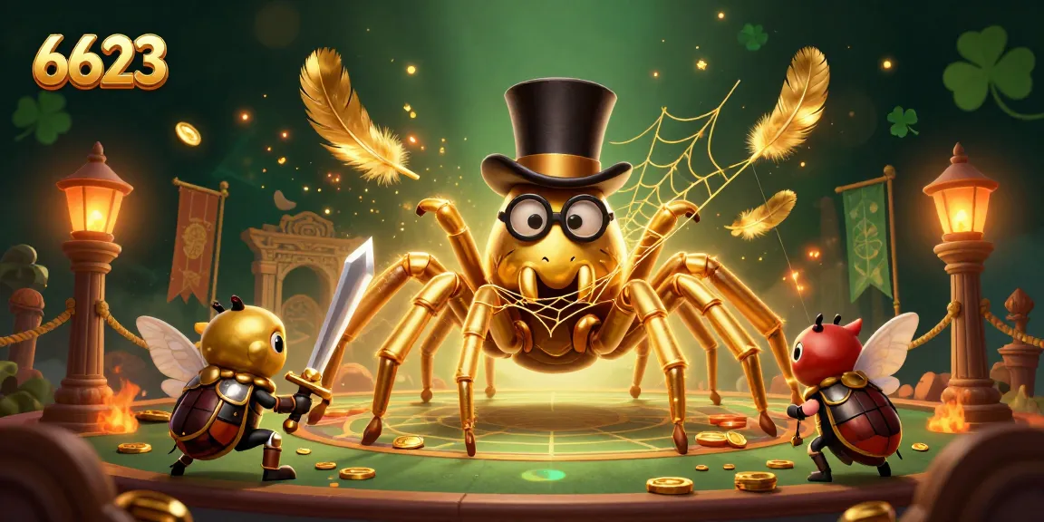 Engage with thrilling gaming adventures at 6623, as a fearless beetle knight approaches a golden tarantula in this vibrant casino scene.
