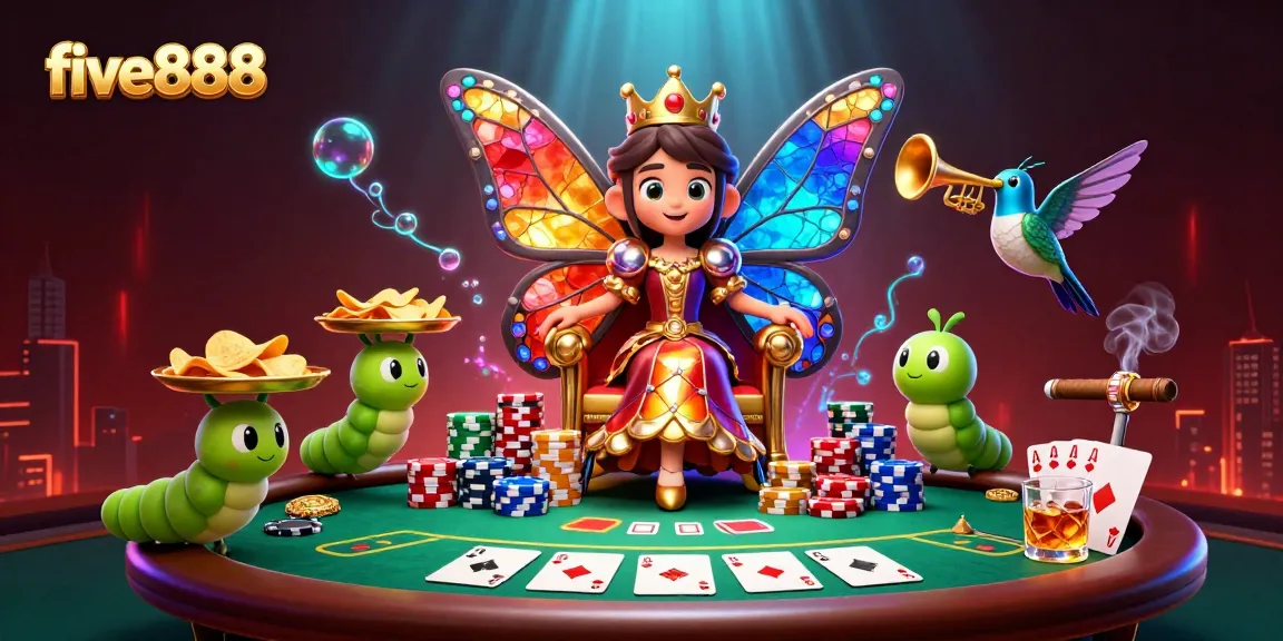 Experience top-tier poker excitement with five888's luxurious casino scene featuring vibrant animations.