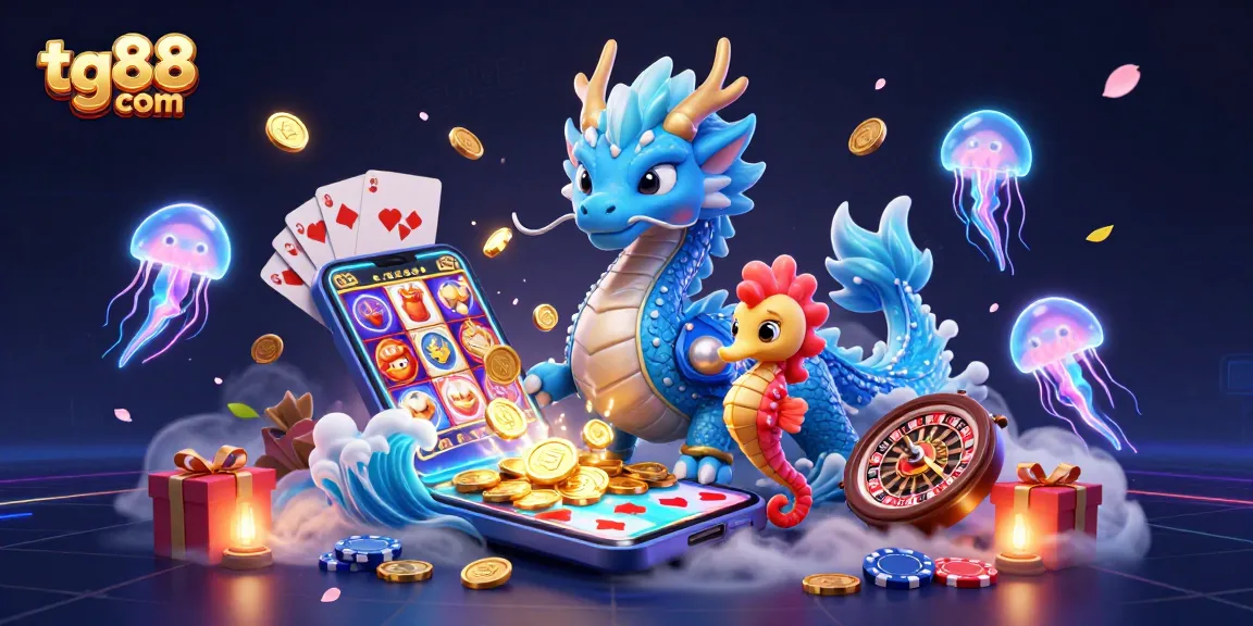 Experience the thrill of winning with tg88 com, featuring an azure water dragon and vibrant casino elements.