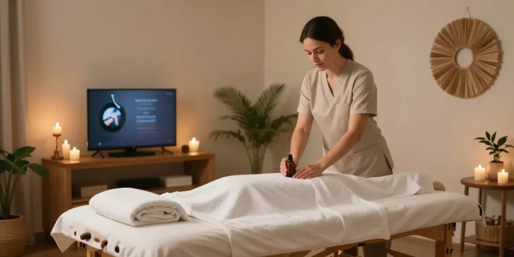 Relaxing 수원출장안마 therapy room with massage table and soothing decor.