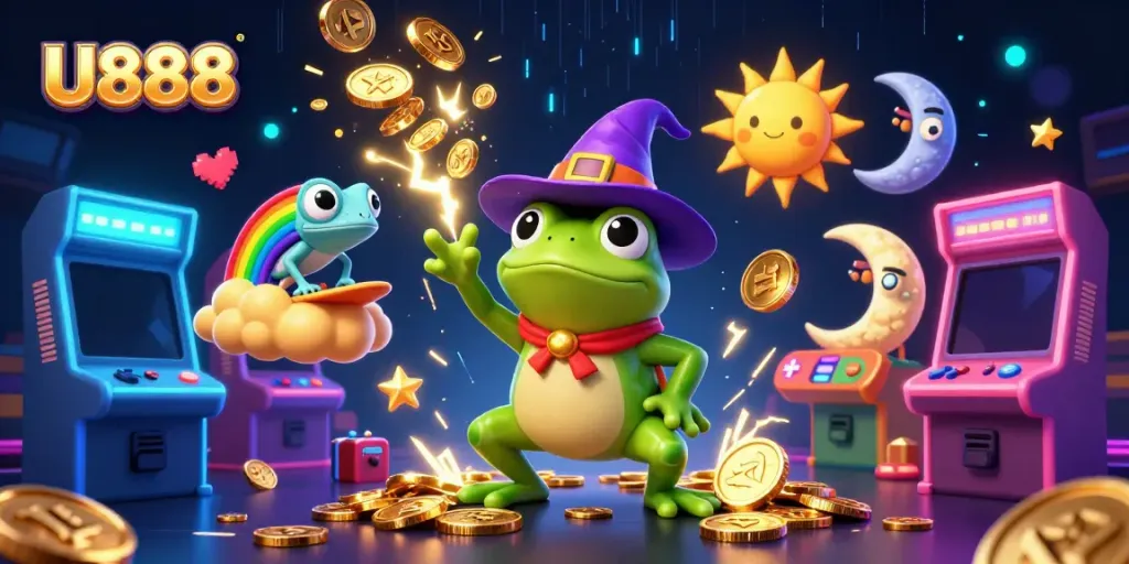 U888 offers a vibrant casino experience with a colorful scene featuring a wizard frog and chameleon amidst games and coins.