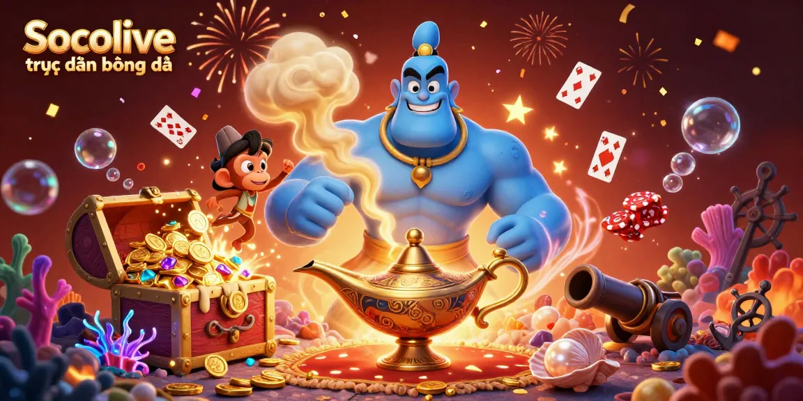 Socolive trực tiếp bóng đá showcases vibrant 3D genie and monkey amidst gold coins and poker chips for exciting betting.