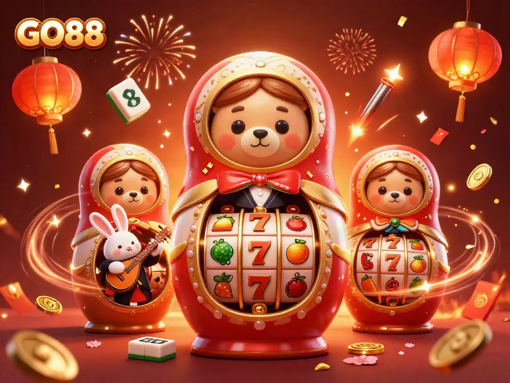 Engage with GO88's vibrant online casino games featuring dynamic characters and festive elements.