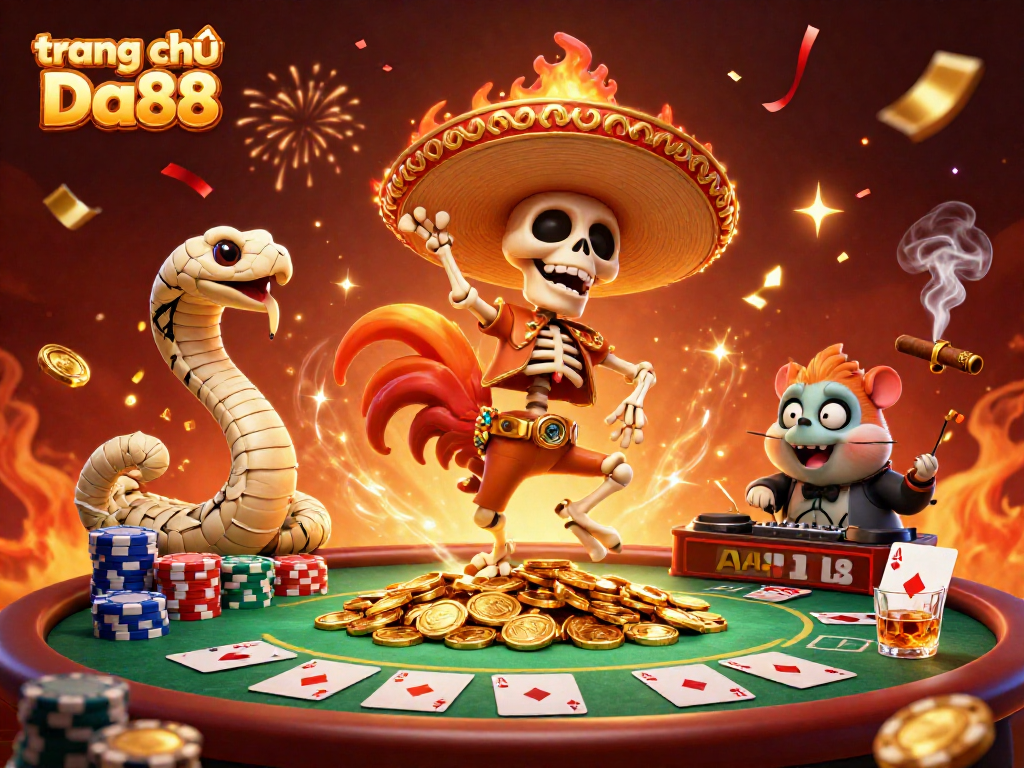 Experience thrilling moments at trang chủ Da88 with vibrant 3D characters surrounded by iconic casino elements.