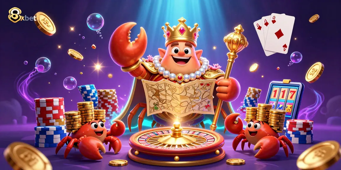 Experience thrilling gameplay with 8xbet as gold coins and gems explode around the royal crab emperor.
