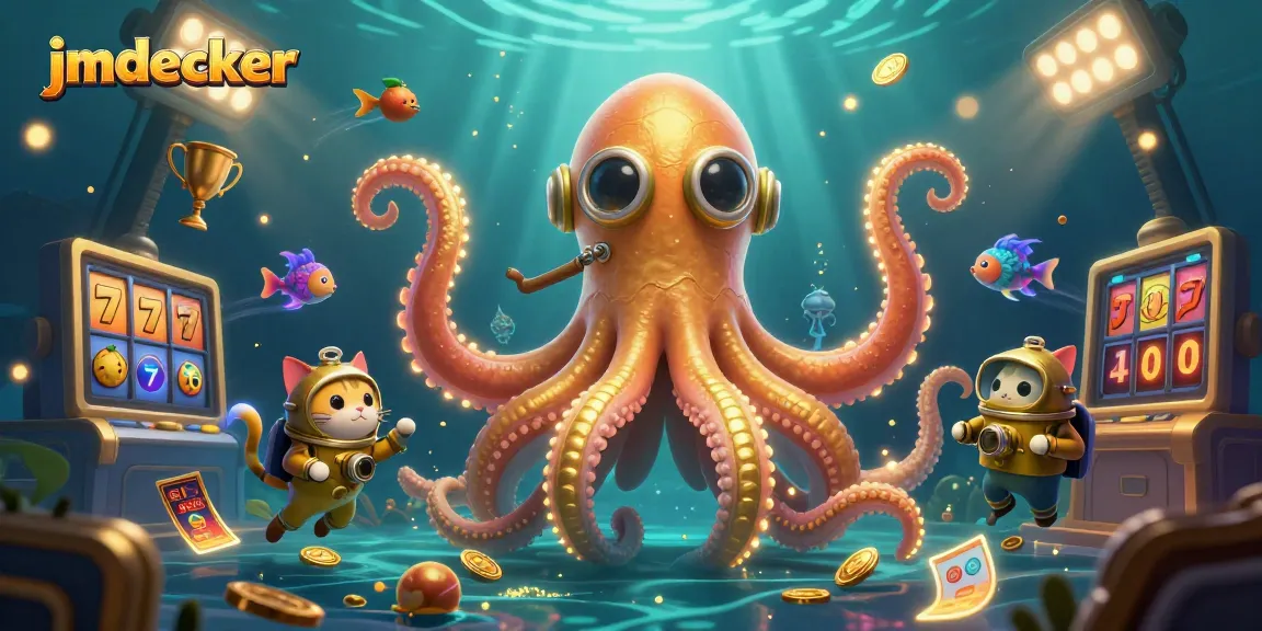 Engage with jmdecker's vibrant slot gaming world featuring a kraken and diving cat.