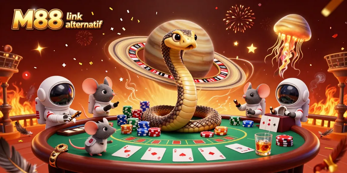 M88 link alternatif offering thrilling cockfighting bets alongside vibrant cosmic casino elements.