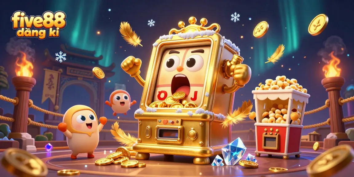 Engage with five88 đăng ký as you watch a golden slot machine hit a jackpot and coins pour out.