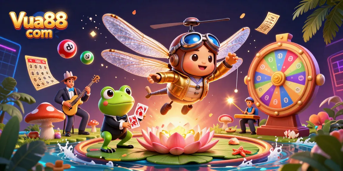 Engage with Vua88 com as a colorful dragonfly pilot and frog dealer animate a lively casino scene.