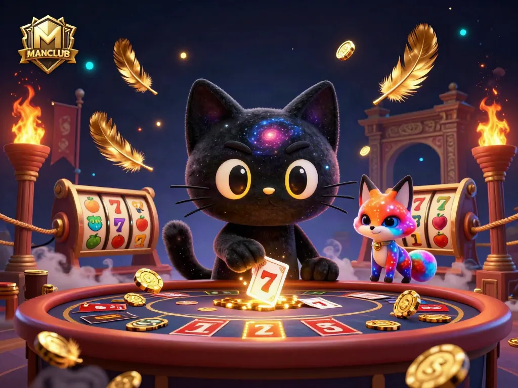 Experience thrilling gameplay at MANCLUB with vibrant casino elements swirling around a cosmic scene.