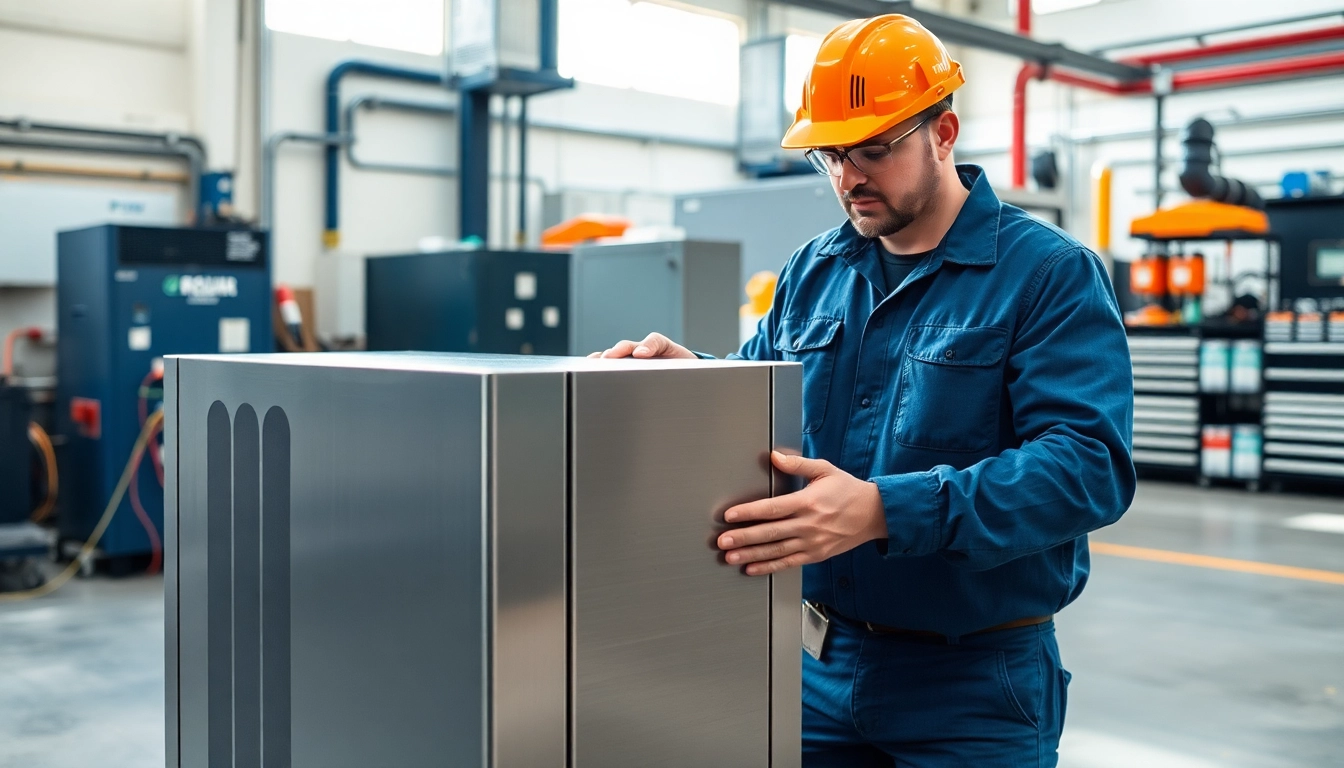AquaForce Mechanical technician inspecting a high-tech HVAC system in a modern setting.