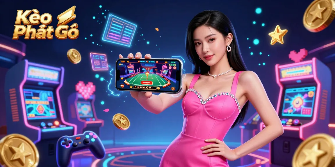 Kèo Phạt Góc showcases a tech-savvy Asian woman interacting with a live dealer game while vibrant casino elements surround her.