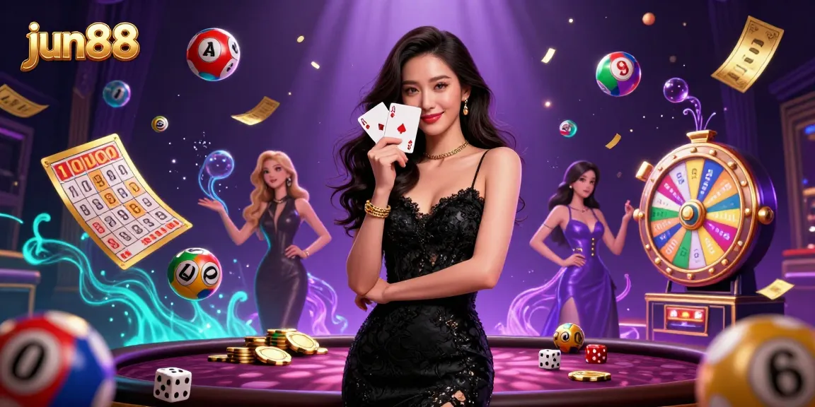 Experience the thrill of jun88 with a glamorous Asian woman showcasing ace cards amidst a vibrant casino scene.