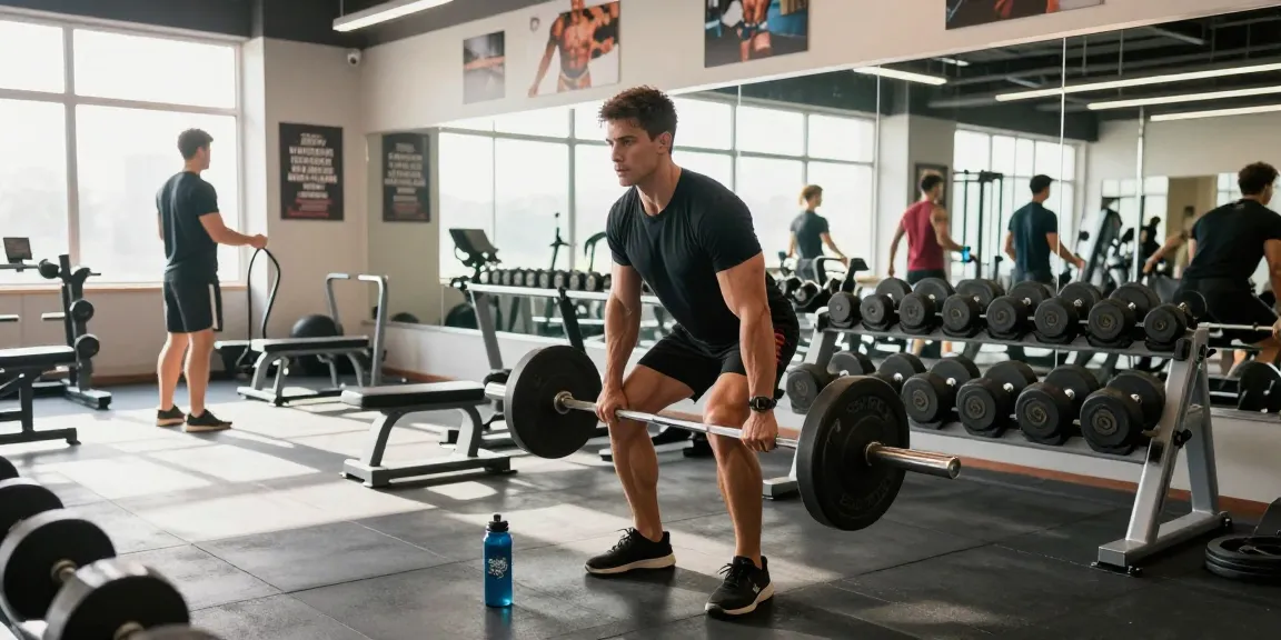 Kraftsportler hebt Gewichte in einem Fitnessstudio und präsentiert Produkte des Anabolika Shops Deutschland zur Förderung des Krafttrainings.
