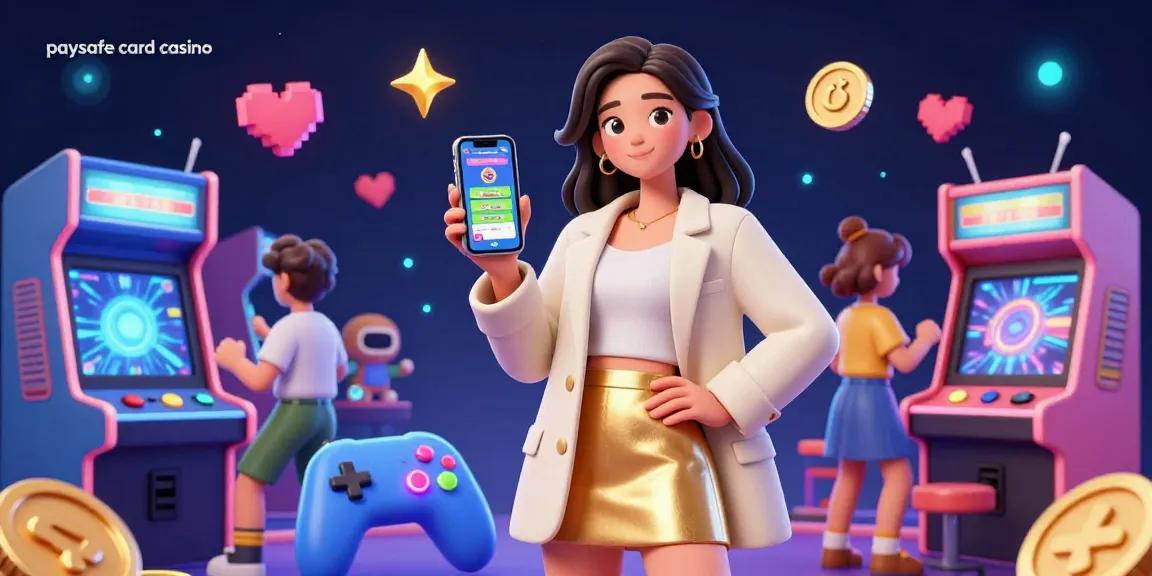 Erleben Sie die Aufregung eines Paysafe Card Casinos mit einer freundlichen asiatischen Frau, die eine Sportwetten-App inmitten lebendiger Spielelemente hält.