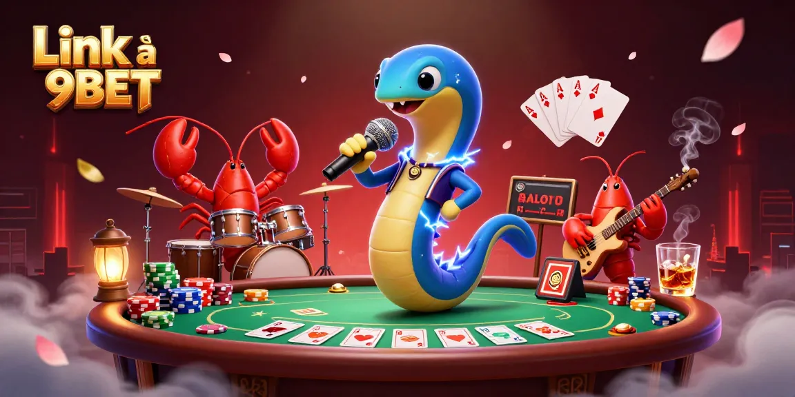Engage in thrilling gaming with Link và 9BET at an underwater casino stage featuring vibrant 3D characters.